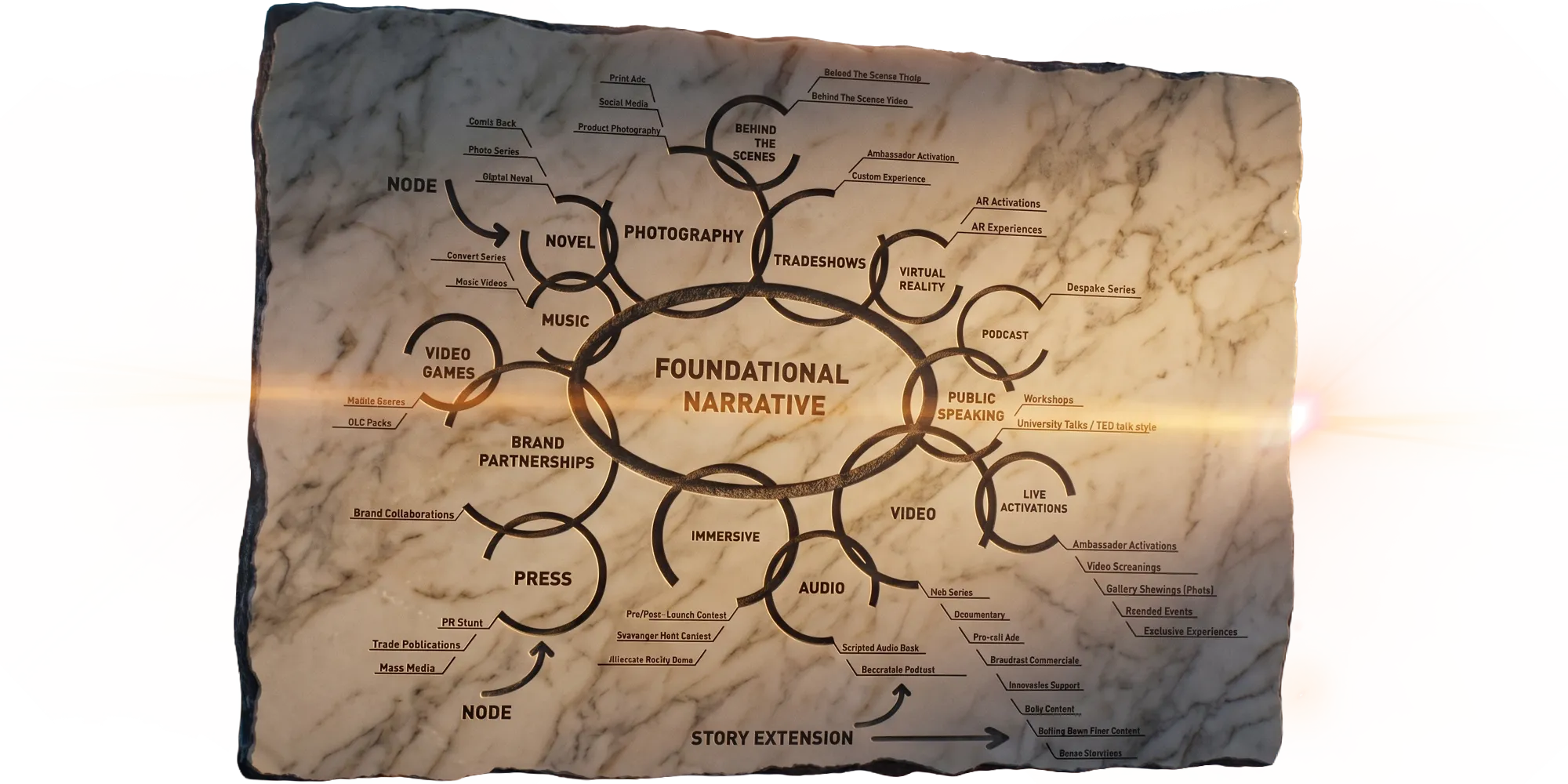 The complete Storyverse Blueprint showing the Foundational Narrative, Content Nodes, Story Extensions, and audience pathways
