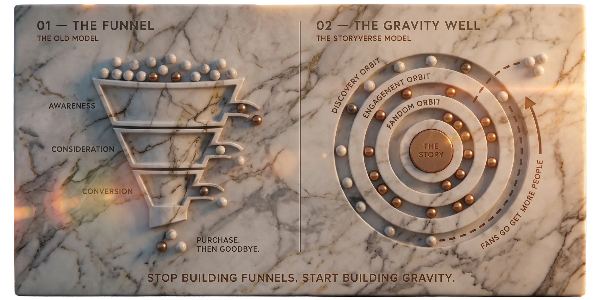 Marble diagram comparing the old funnel model of awareness, consideration, and conversion with the Storyverse gravity well, where orbits of discovery, engagement, and fandom pull people toward the story. Caption: stop building funnels, start building gravity