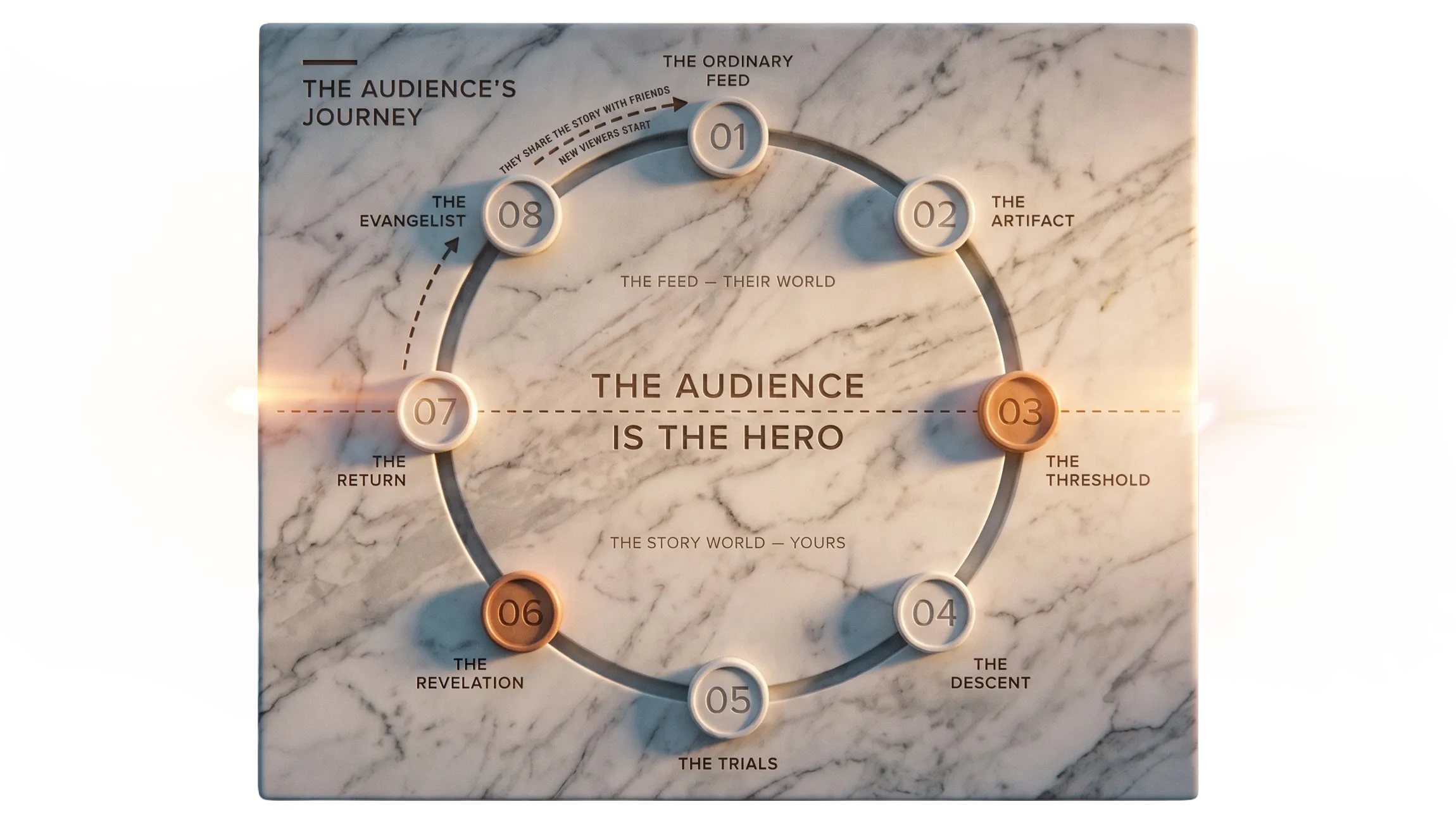 Marble wheel titled The Audience's Journey: the audience is the hero, moving clockwise from the ordinary feed through the threshold, the descent, the trials, and the revelation before returning changed