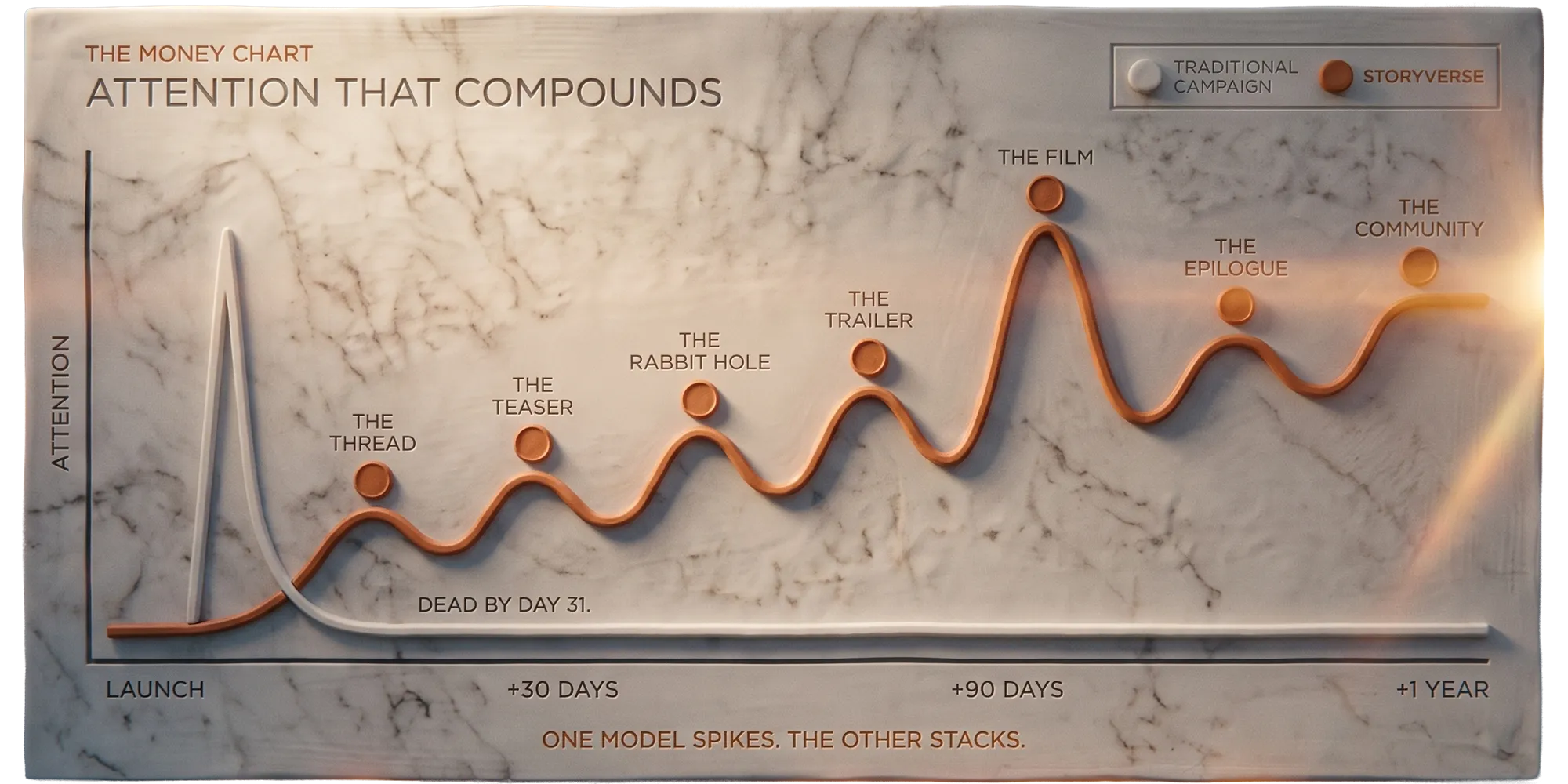 Marble chart titled The Money Chart: attention that compounds. A traditional campaign spikes at launch and is dead by day 31, while the Storyverse line keeps climbing through the teaser, the film, the rabbit hole, and the community over a full year