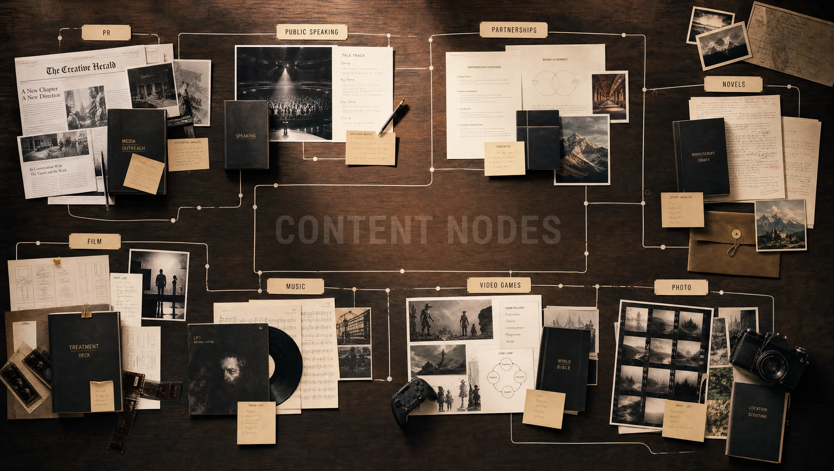 A wide vista of the cloud world with a glowing colosseum and distant monuments, titled Content Nodes