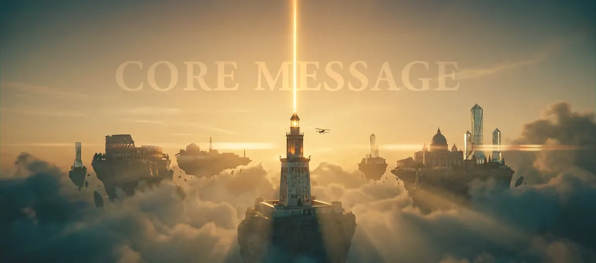 A lighthouse beam cuts upward through a golden cloudscape between floating islands, titled Core Message