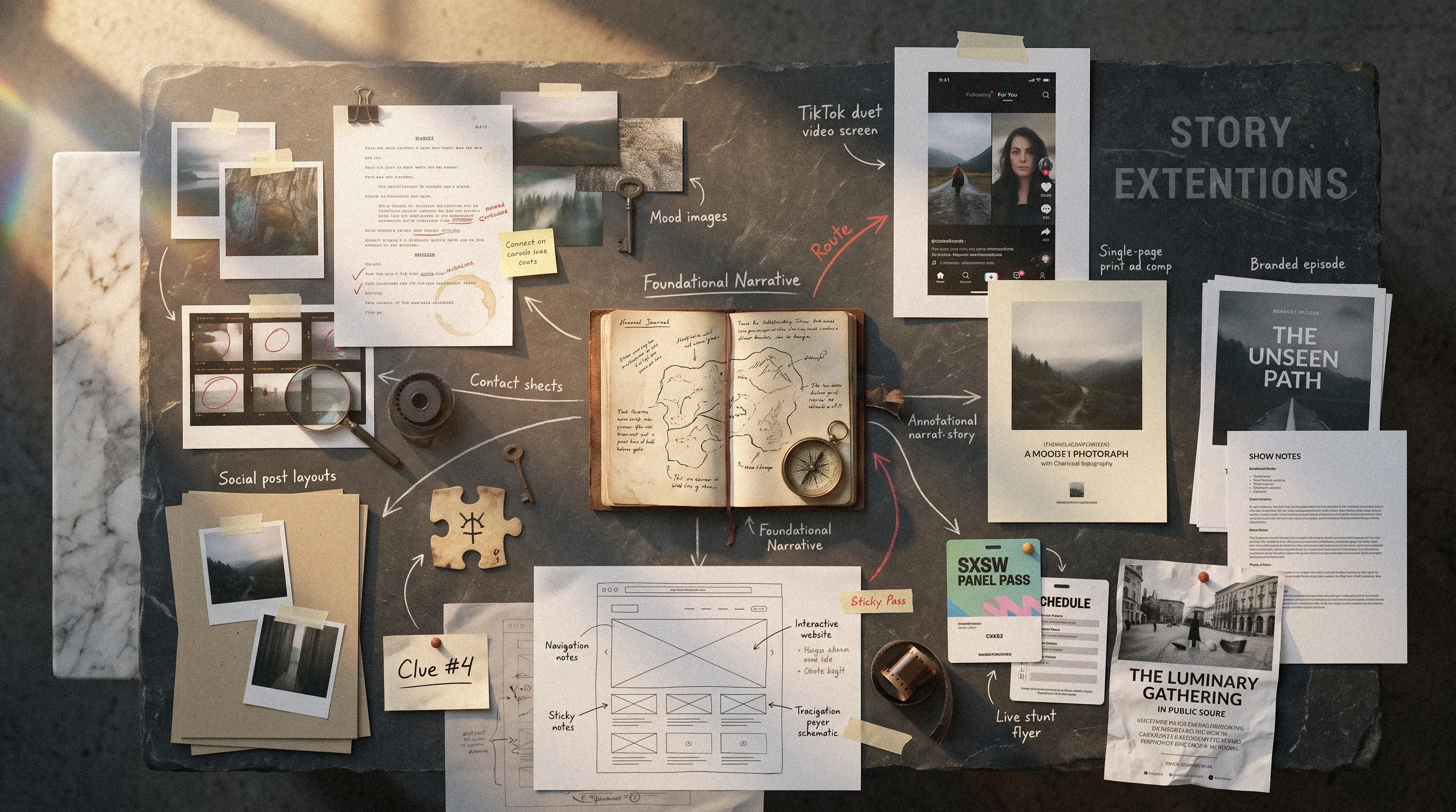 Arched roads and bridges branching between floating islands with airships in flight, titled Story Extensions