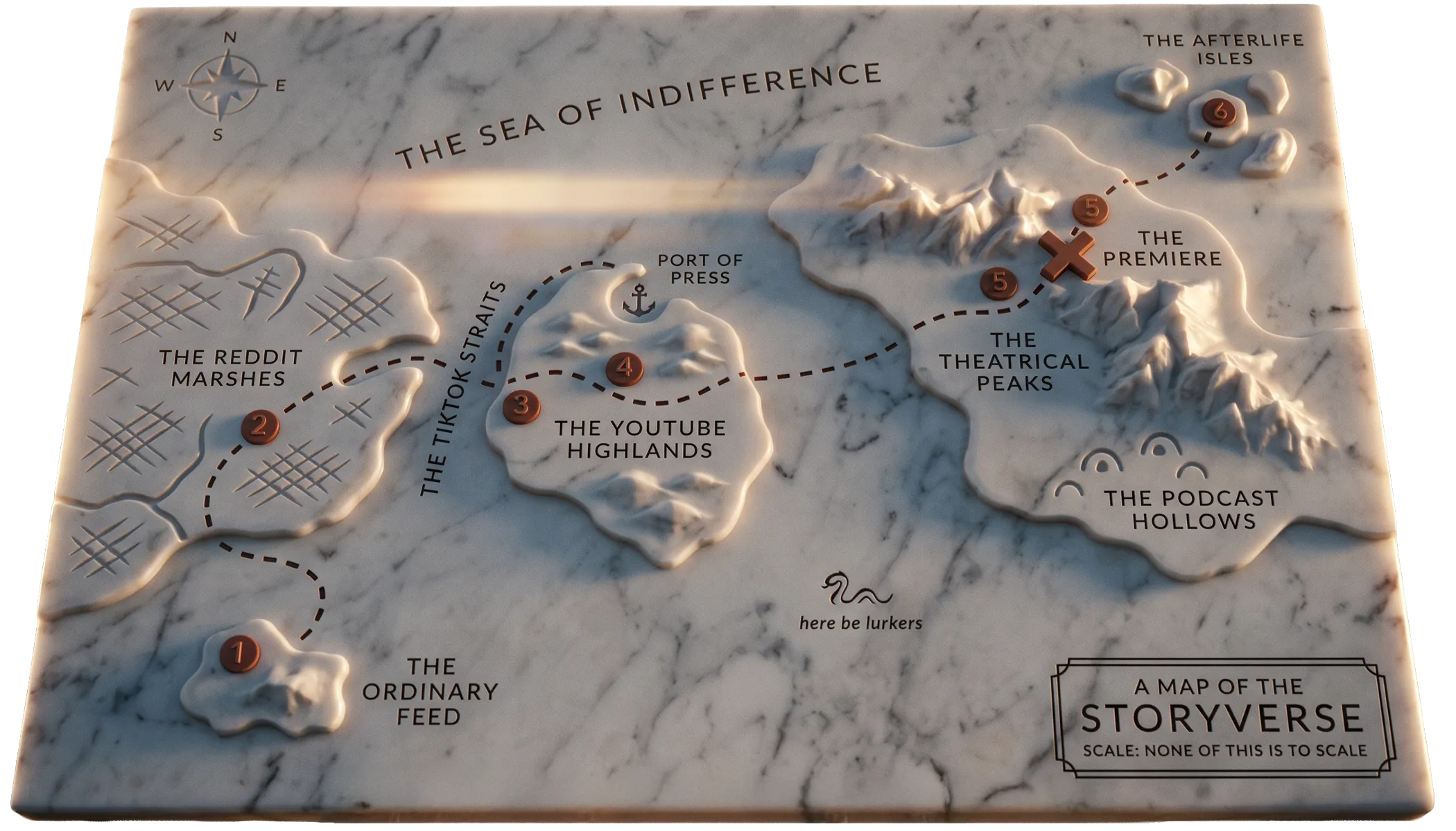 A carved marble map of the Storyverse: a fictional terrain where the audience travels from the Reddit Marshes and the Ordinary Feed through the YouTube Highlands and Theatrical Peaks toward the Premiere
